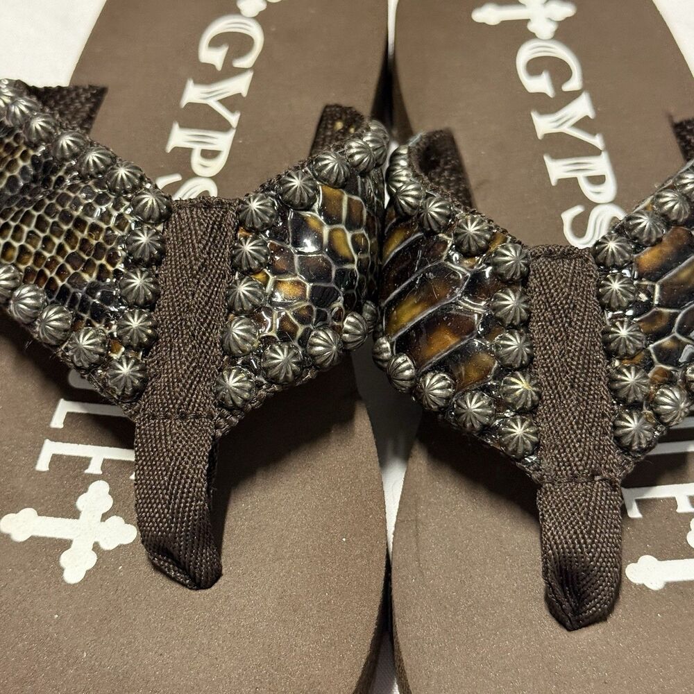 Gypsy Soule Studded Snakeskin Flip Flops Women’s SZ 7 Brown, Western, Sandals - Picture 10 of 16